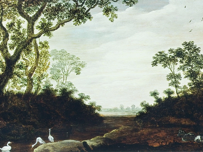 1656-Jan Vermeer van Haarlem II - Paesaggio forestale con due cicogne, un cigno e due capre